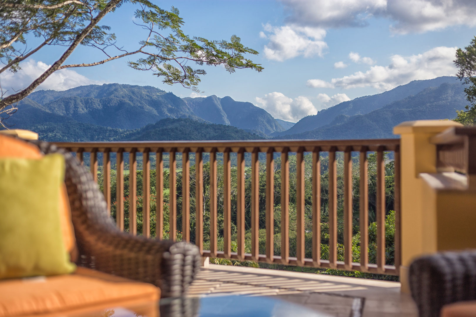 Private balcony with a view of the famous Sleeping Giant and the Maya Mountains outside the Mountain View Penthouse at The Rainforest Lodge at Sleeping Giant