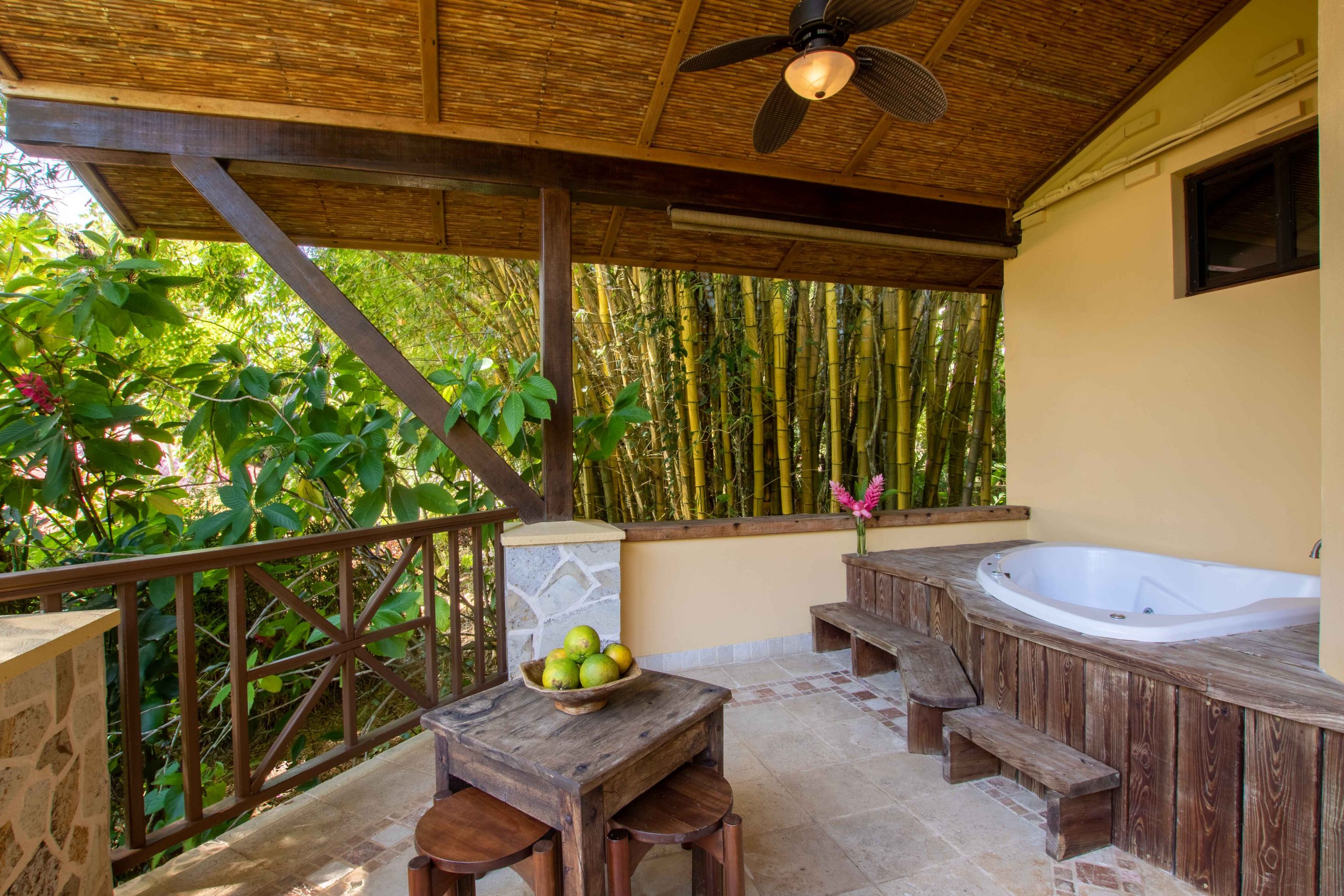 Private hot tub on the balcony of the Owner’s Jungle House at The Rainforest Lodge at Sleeping Giant