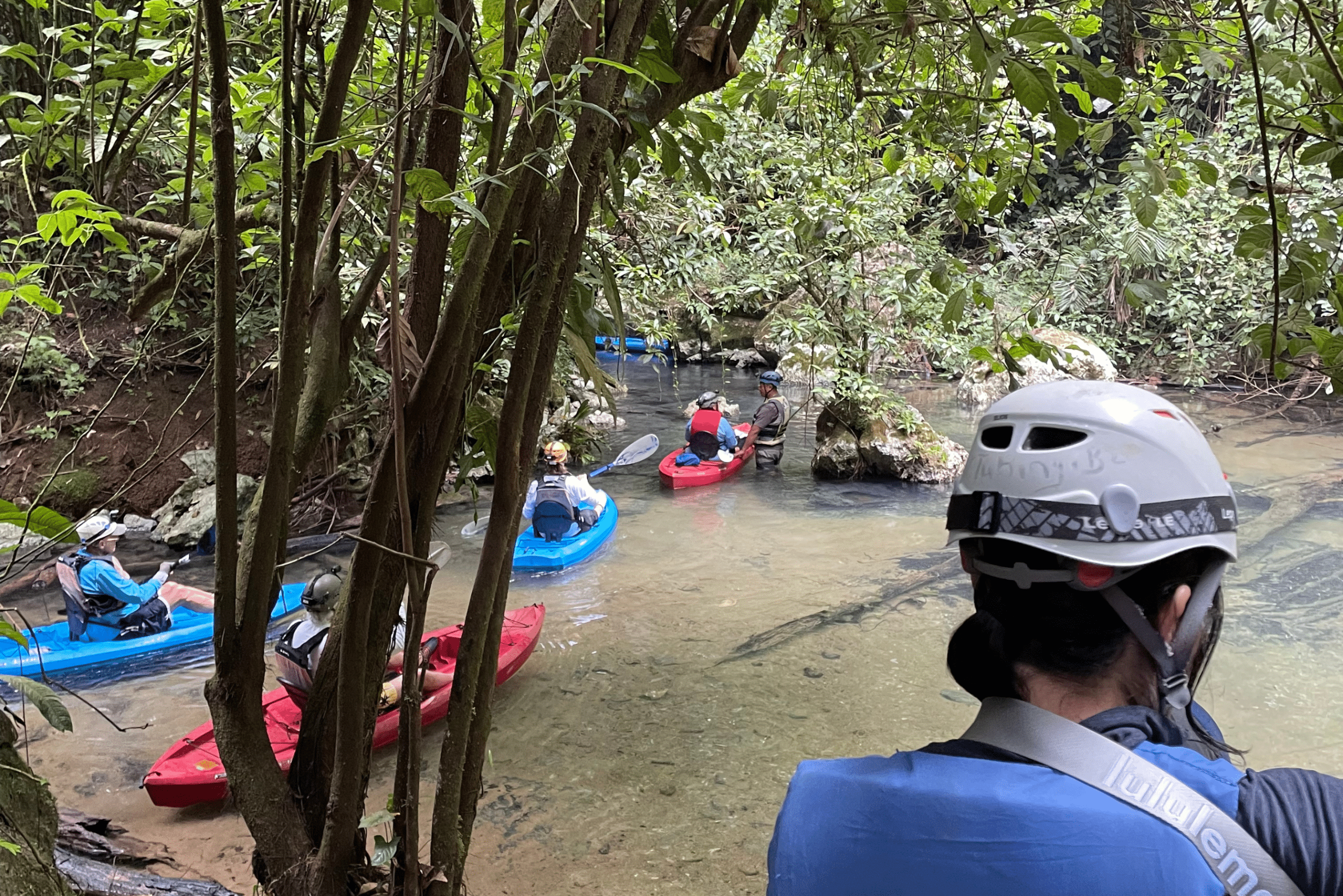 A group of guests getting ready for the cave kayaking tour at The Rainforest Lodge at Sleeping Giant