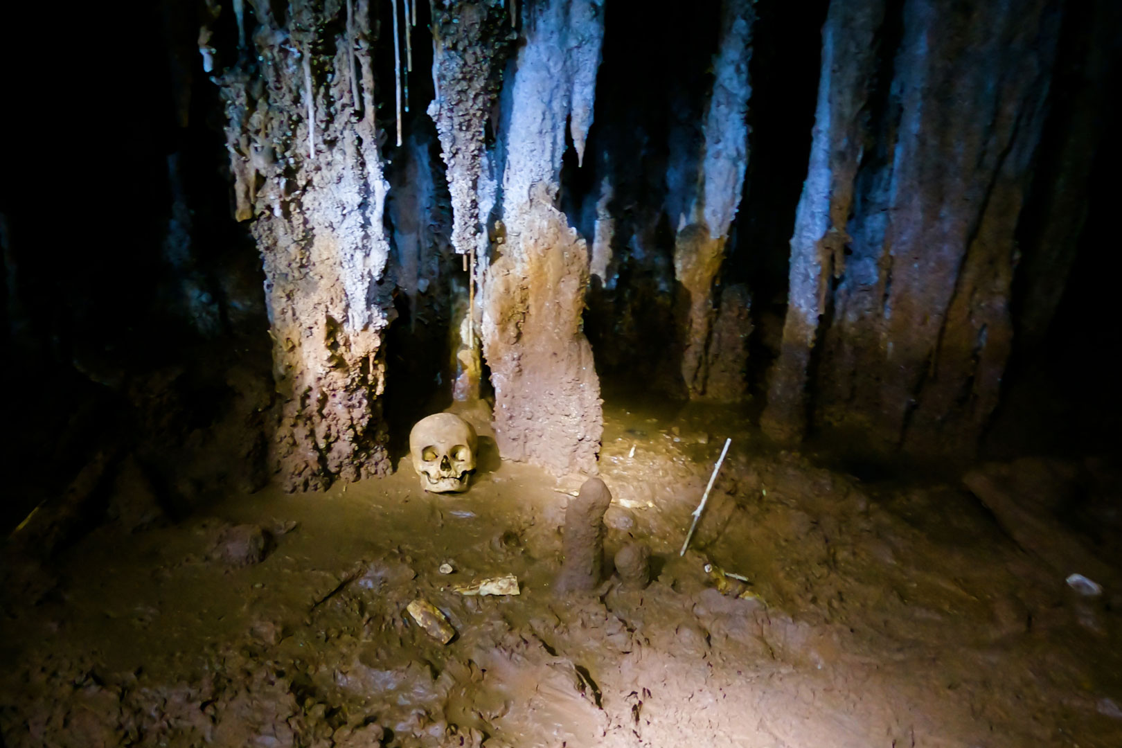Cave pillars, stalactites, stalagmites and human remains inside the Ceremonial Cave at The Rainforest Lodge at Sleeping Giant