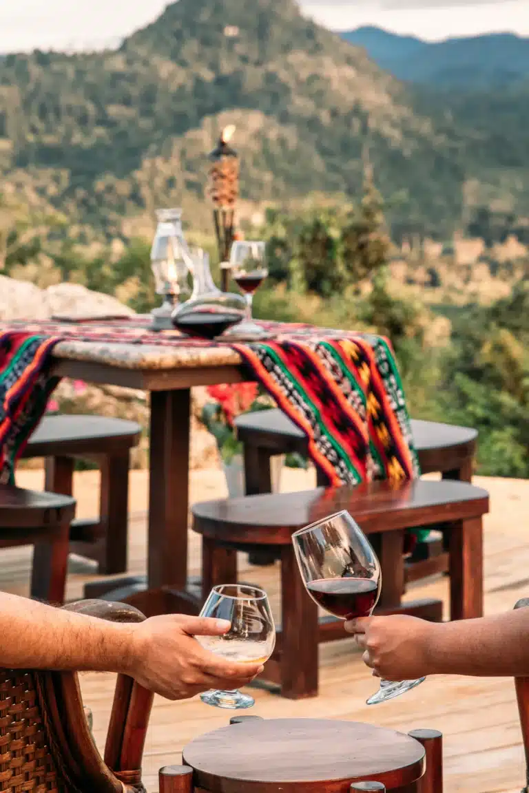 Wine drinking at the Cliff at The Rainforest Lodge at Sleeping Giant