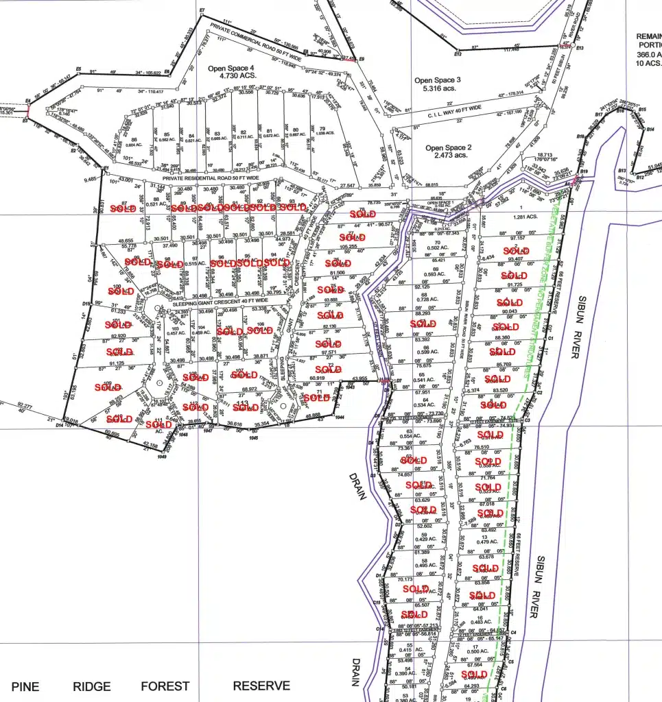 Sleeping Giant Rainforest Estates Site Map with the Sold Lots